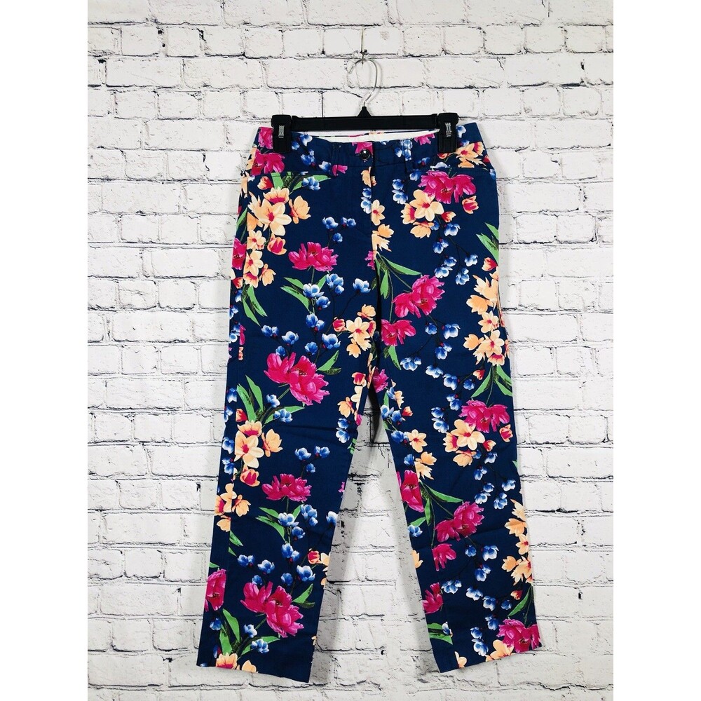 Lands' End Women Floral Straight Leg Cotton Stretch Navy Blue Size